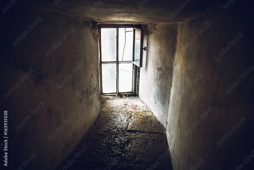 Dark empty corridor and  large window on the whole wall