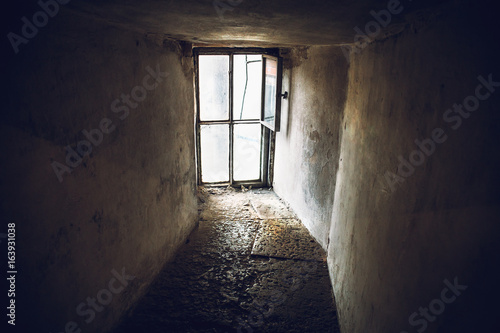 Dark empty corridor and large window on the whole wall