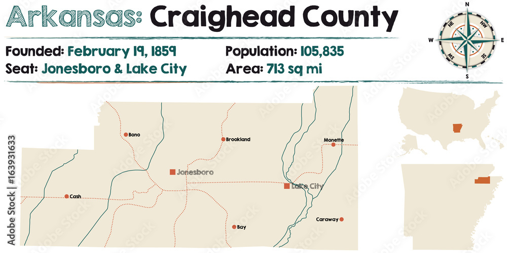 Large and detailed map of Craighead County in Arkansas