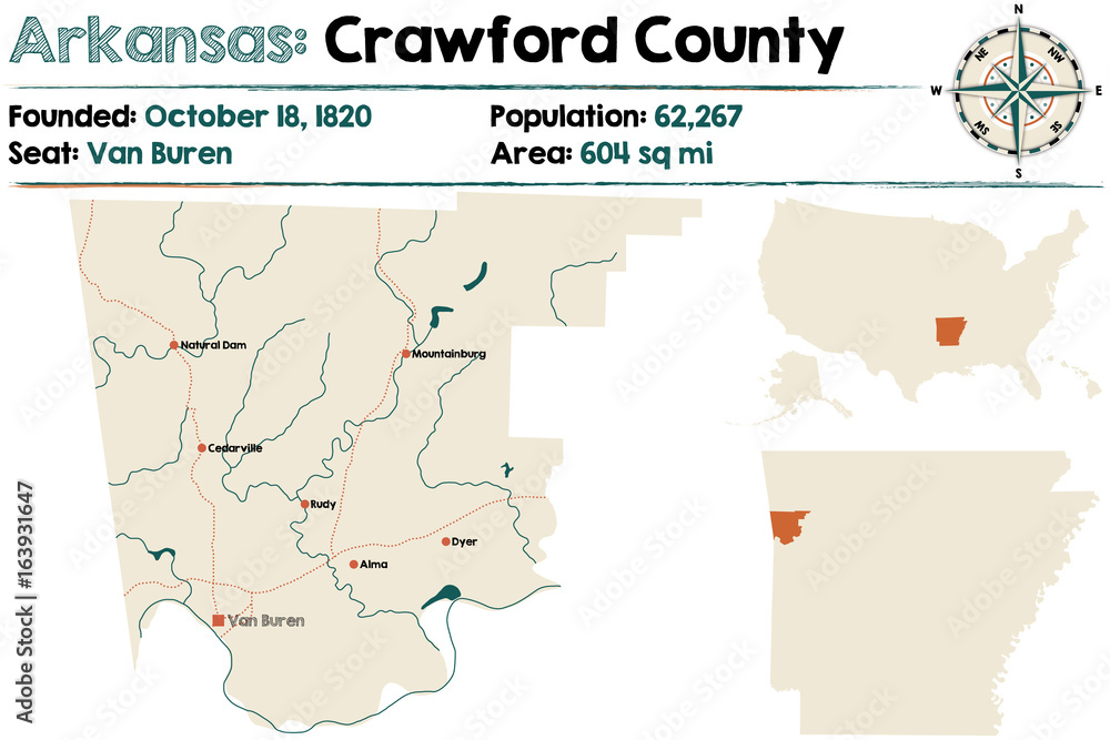 Obraz premium Large and detailed map of Crawford County in Arkansas
