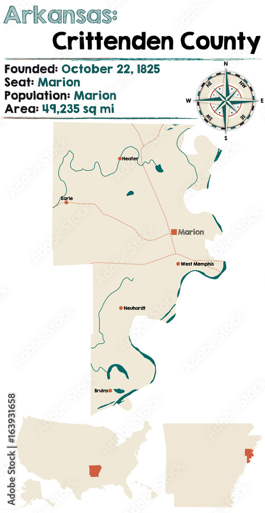 Fototapeta mapa świata dla dzieci Large and detailed map of Crittenden County in Arkansas