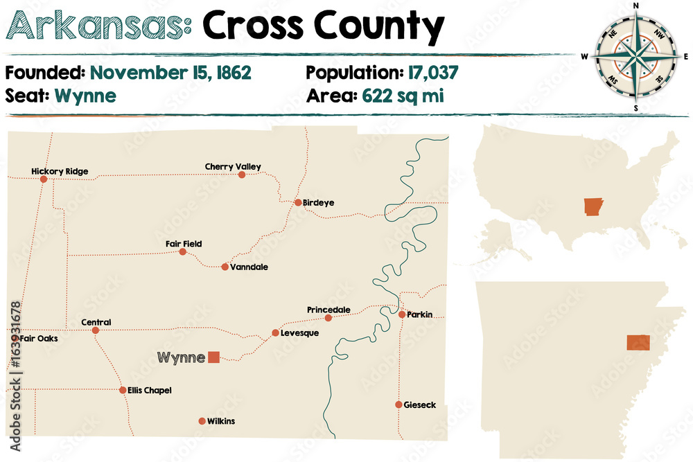 Large and detailed map of Cross County in Arkansas Stock Vector Adobe