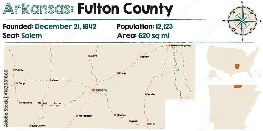 Fototapeta premium Large and detailed map of Fulton County in Arkansas
