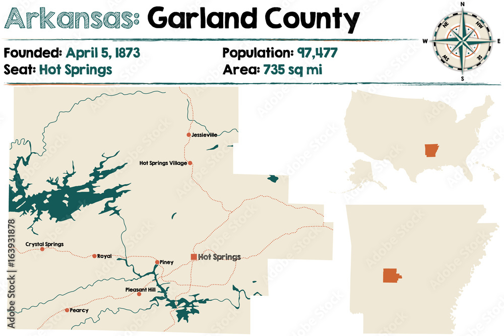 Fototapeta premium Large and detailed map of Garland County in Arkansas