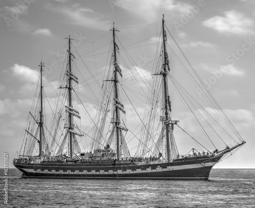 Sailing ship in the sea in black and white