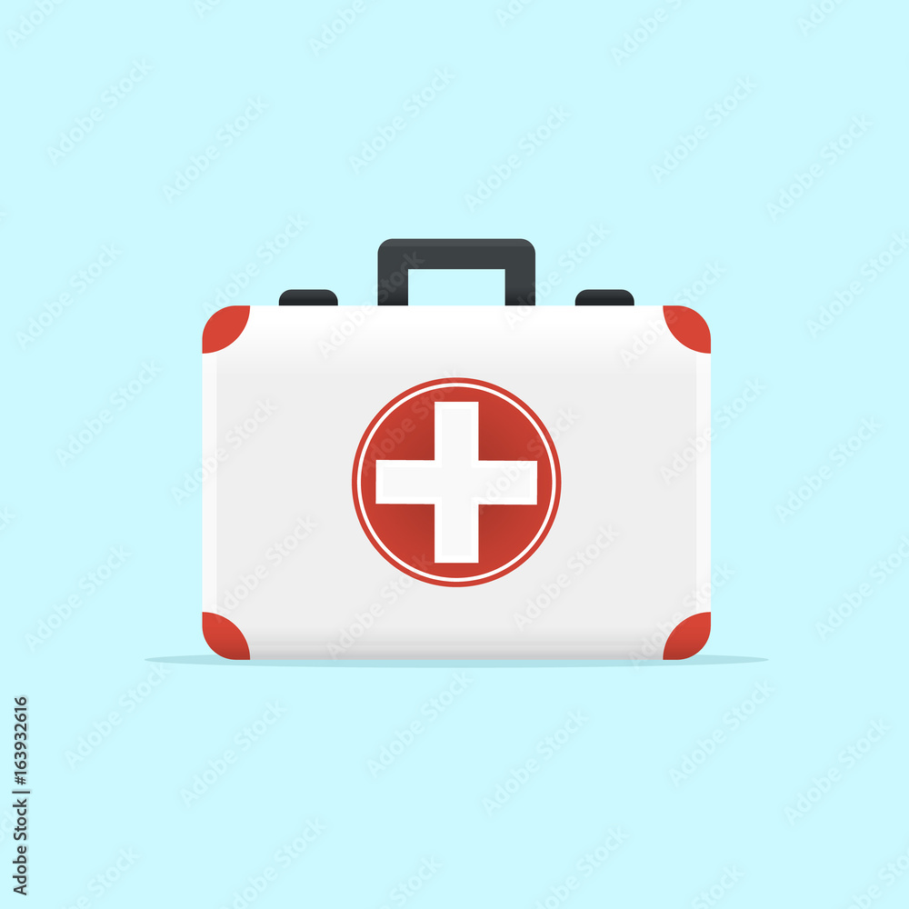 Obraz premium First Aid Kit Vector Illustration on Blue Background. Flat Design Style. 