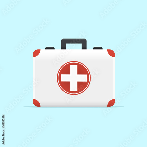 First Aid Kit Vector Illustration on Blue Background. Flat Design Style. 
