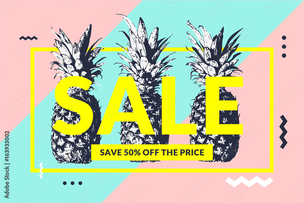 Obraz premium Fashionable modern poster with pineapple, Summer sale. Original Memphis style banner for discount.