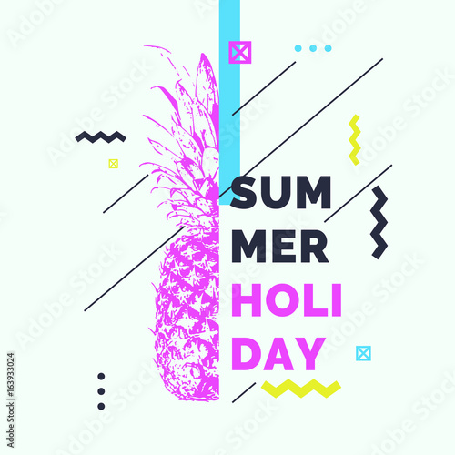 Fashionable modern poster with pineapple, summer holiday. Memphis style banner