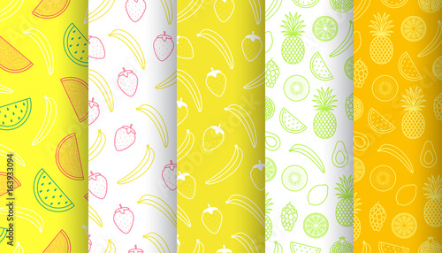 Set of tropical fruits seamless patterns. Vector