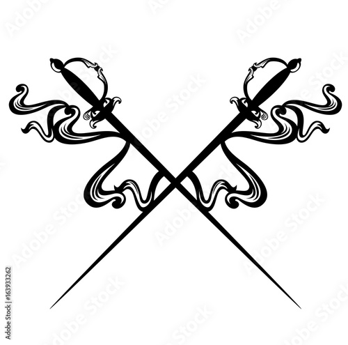 crossed epee swords and decorative ribbons - black and white vector design