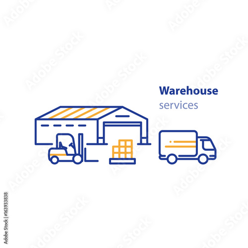 Distribution services, warehouse and transportation, icon set