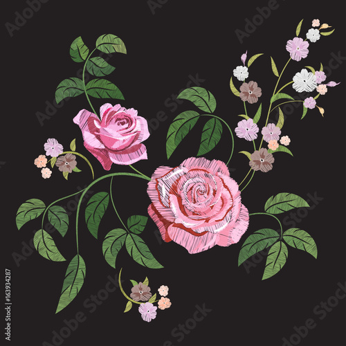 Embroidery bouquet of pink roses, small flowers and buds, green leaves on black background, digital draw, decorative illustration, traditional folk ornament for fashion, vector