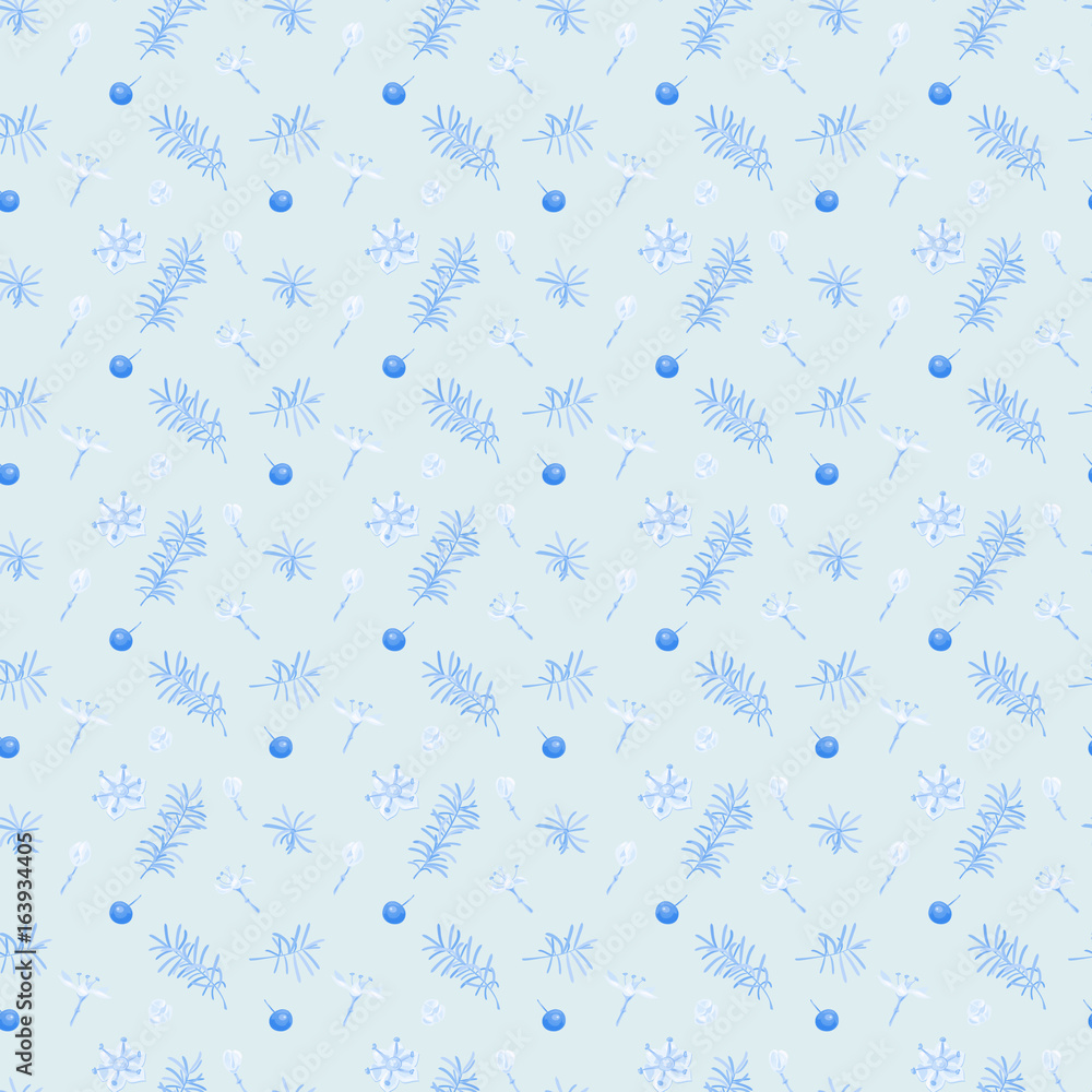 Blue vector square floral seamless small-scale pattern with branches, flowers, berries, abstract background, digital draw illustration for fabric, wallpaper, wrapping, vintage