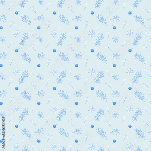 Blue vector square floral seamless small-scale pattern with branches, flowers, berries, abstract background, digital draw illustration for fabric, wallpaper, wrapping, vintage