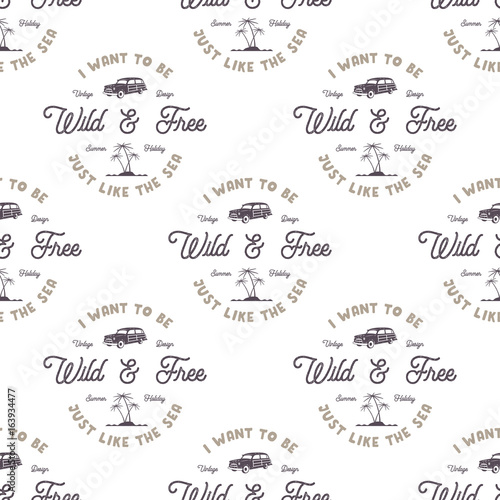 Vector monochrome seamless pattern with old style surf car, palms, sea and typography elements. Wilderness wallpaper design. White isolated background. For web design, t shirts, wrapping paper