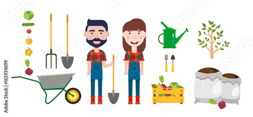 Set of farmer element.Man with a shovel and woman,wheelbarrow,watering can,
Bag with earth.Vector illustration in a flat style