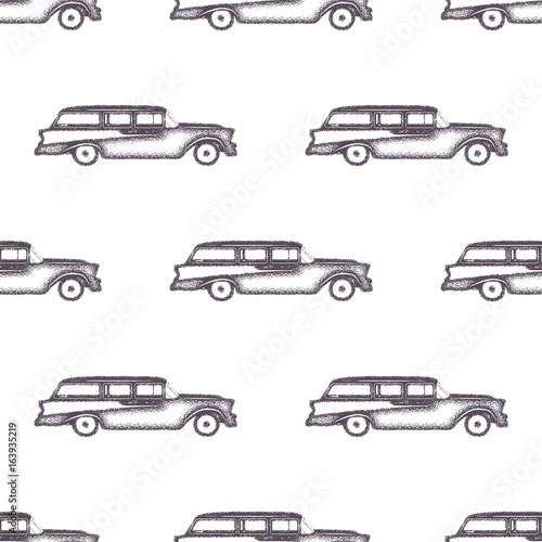 Surfing old style car pattern design. Summer seamless wallpaper with surfer van. Monochrome combi car design. Vector illustration. Use for fabric printing, web projects, t-shirts or tee designs.