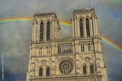 A rainbow behind Notre-Dame Cathedral