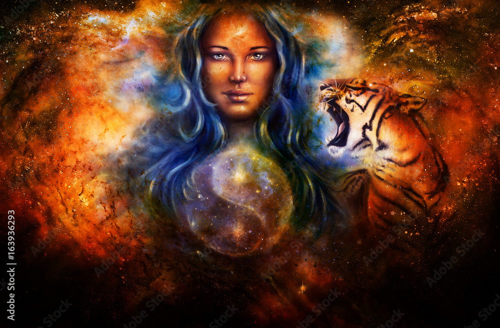 goddess woman and tiger and symbol Yin Yang in cosmic space.
