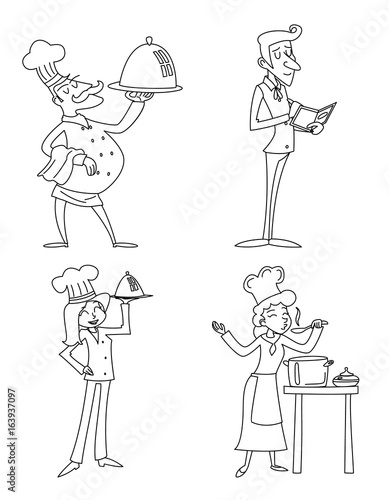 Lineart Male and Female Chief Cook Waiter Garcon Serving Dish and Accepts Order Symbol Food Icons Isolated Retro Vintage Cartoon Design Vector Illustration