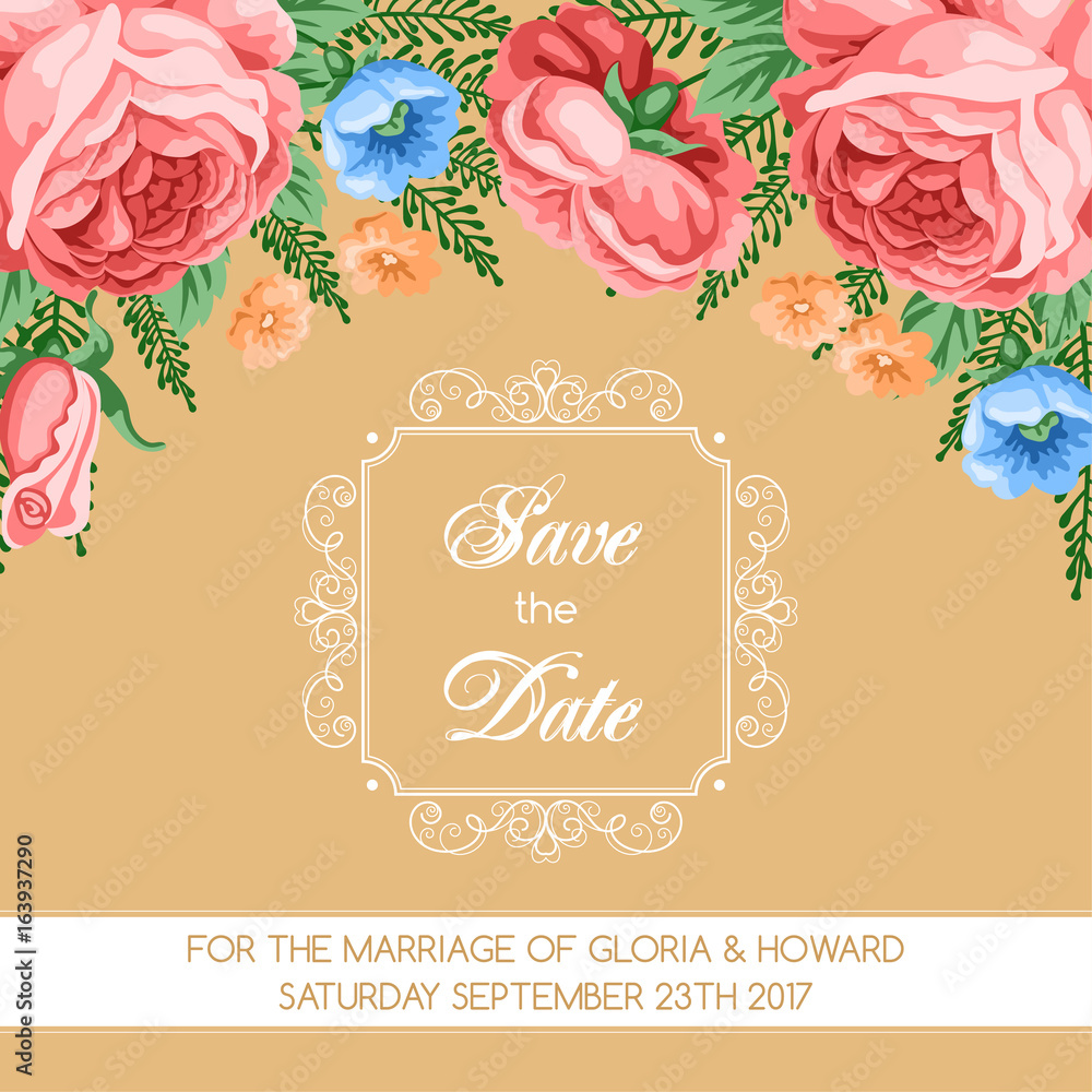 Naklejka premium Wedding invitation template with flowers. Vector Illustration in retro style
