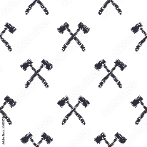 Vintage hand drawn crossed axes shape seamless. Retro monochrome lumberjack or mining pattern. Can be used for t shirts, prints, logotype, badges, icons and other identity. Stock vector