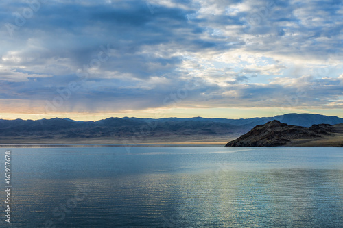 bird flying over surface of green sea waves with mountains on background  