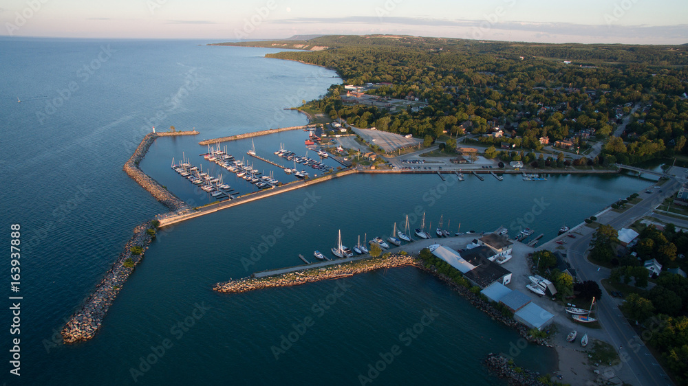 Aerial view of the waterfront in Meaford Ontario, Canada.