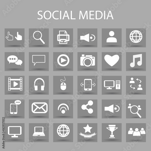 Vector flat icons set and graphic design elements. Illustration with social media, digital technology outline symbols.