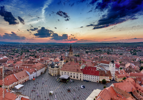 Sibiu Romania aerial view at sunset