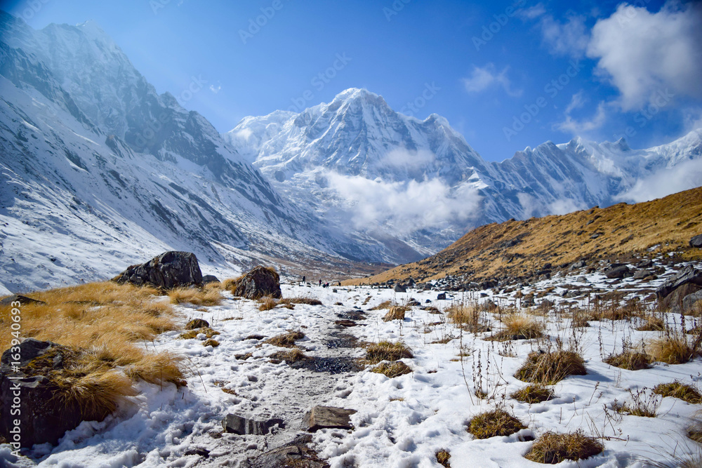 Snow-covered mountain from ABC base camp, himalaya, Nepal