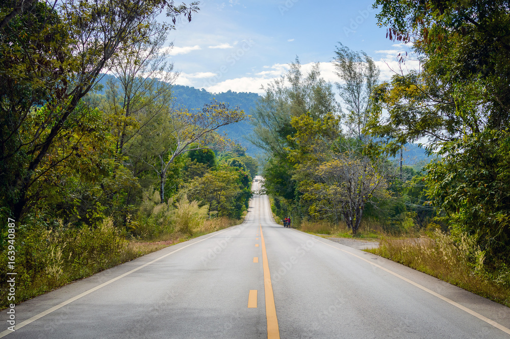 Fototapeta premium Road through the hills in the Thai Khlong Yai province, Thailand.