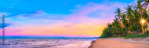 Panorama view of sunset sky on tropical beach in twilight time at Phuket province, Southern of Thailand