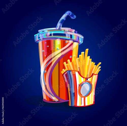 French fries, soda takeaway vector illustration.