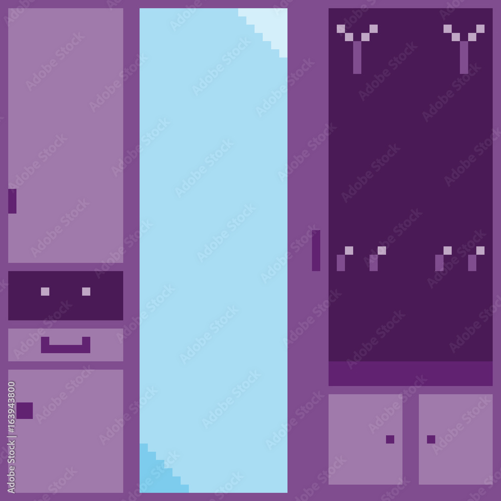 A set of purple modular furniture for the hallway in pixel style. Each module can be used for illustration separately A set of purple modular furniture for the hallway in pixel style. Each module can be used for illustration separately