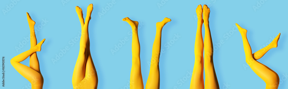 Collage of sexy female legs in color tights on blue background - obrazy, fototapety, plakaty 