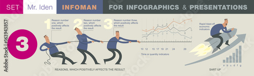 Business infographics with illustrations of business situations, investment projects. Elements of visualization of work on project, diagrams and graphs. Abstract template for presentation, website.