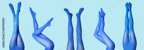 Foto Collage of sexy female legs in color tights on blue background