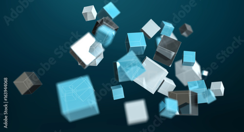 Floating blue shiny cube network 3D rendering