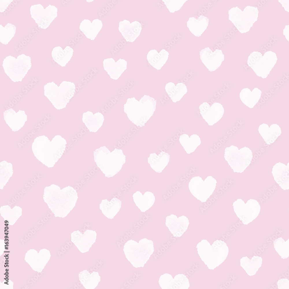 Hand painted seamless watercolor pattern. Abstract watercolor hearts in white. Seamless pattern with watercolor hearts on pink background.