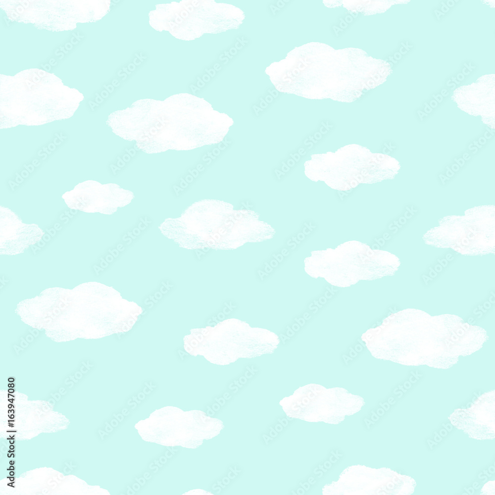 Hand painted seamless watercolor pattern. Abstract watercolor clouds on mint background. Seamless pattern with watercolor white clouds.