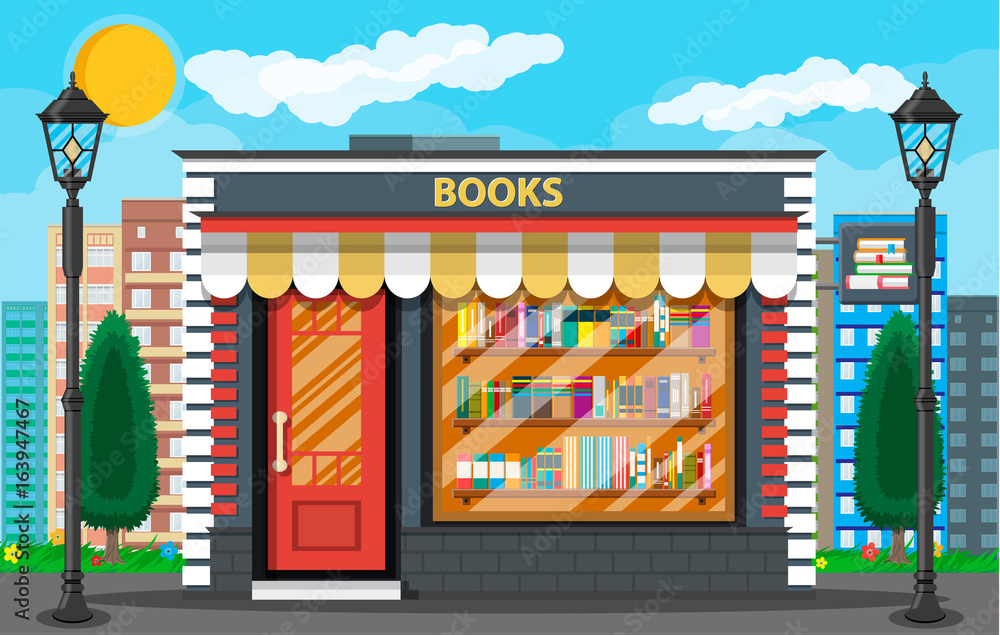 Book shop or store building and cityscape