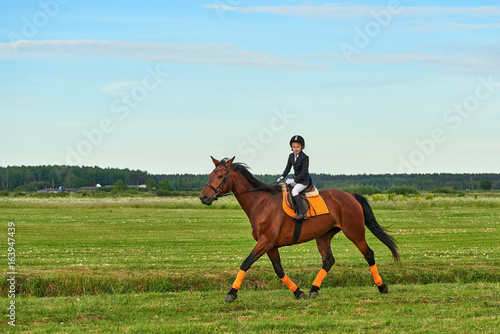 Fotografie Pretty little girl jockey riding a horse across country in professional outfit