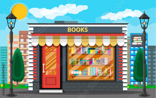 Book shop or store building and cityscape