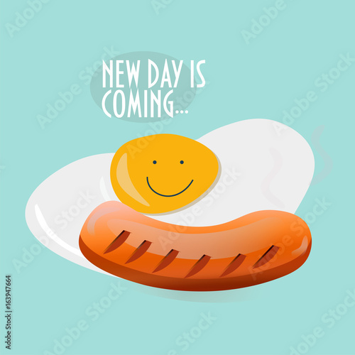 English Breakfast vector illustration: fried egg with happy yolk and smoked sausage.