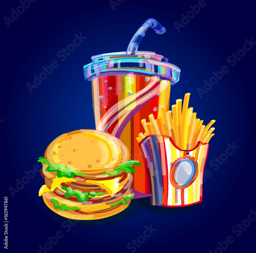 French fries, hamburger and soda takeaway vector illustration.