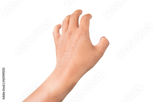 left back hand of a man trying to reach or grab something. fling, touch sign. Reaching out to the left. isolated on white background