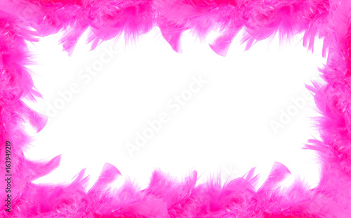 Beautiful background frame consisting of bright pink feathers isolated on white with room for your text