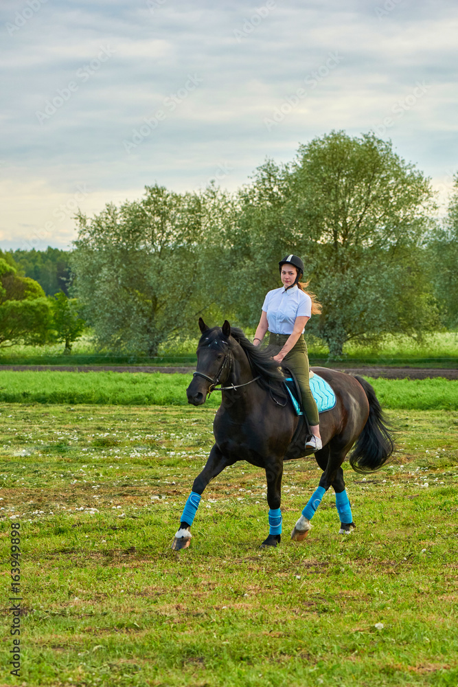 Pretty young girl riding a horse across country Pretty young girl riding a horse across country